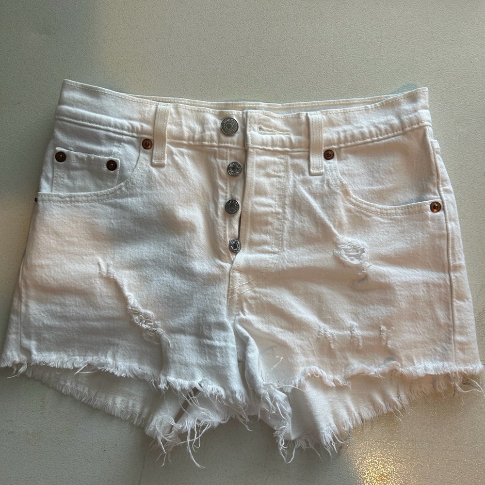 Levi's White High-Rise Distressed Denim Shorts